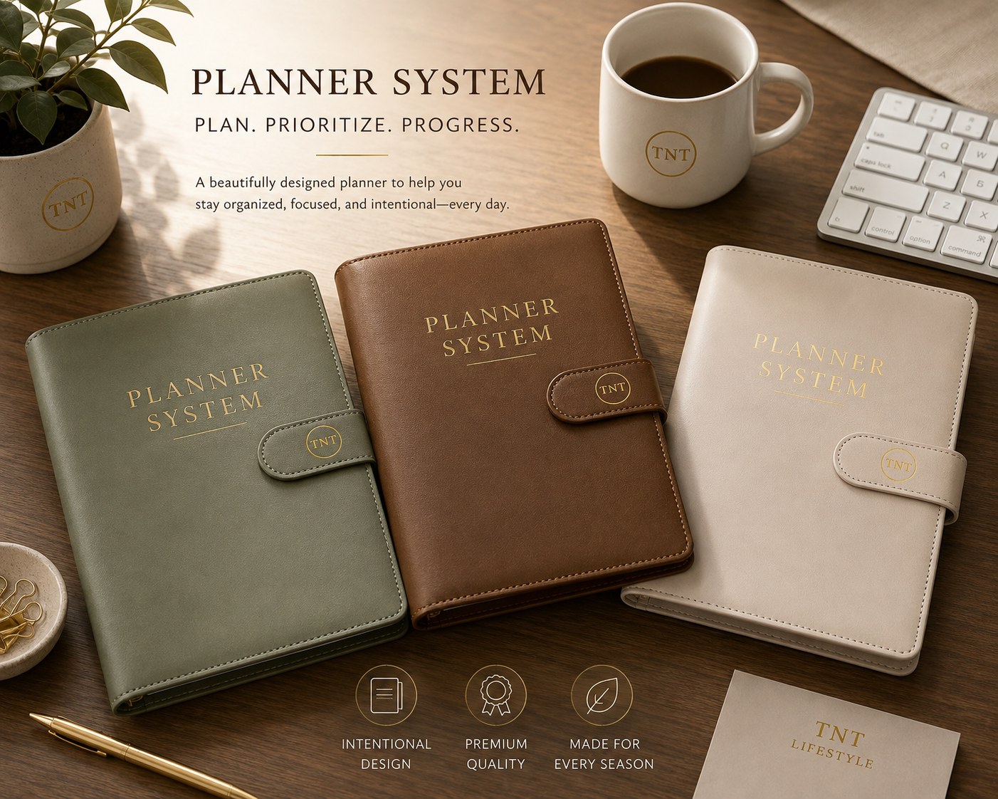 TNT Lifestyle Planner System binder in Sage, Cognac, and Cream